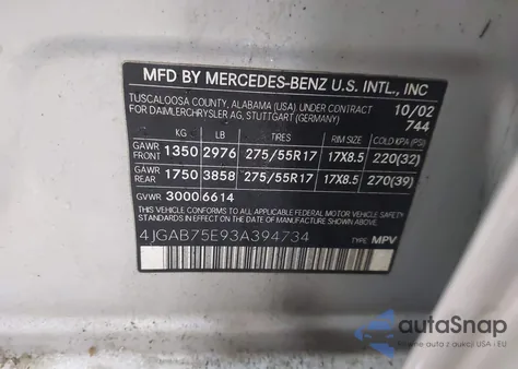 2003 Mercedes-Benz M-Class 5.0L z USA, uszkodzony, nr VIN 4JGAB75E93A394734